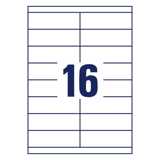 Stansetegning enkeltark A4, Artikkel: 3665, Universale etiketter, Format: 105 x 33,8 mm, 16 etiketter/ark.