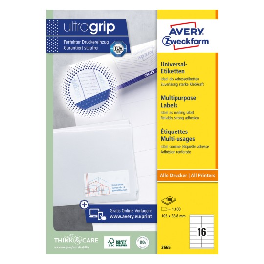 Forpakningsbilde: Avery Zweckform Universal-etiketter, permanent klebende, artikkel: 3665, format: 105 x 33,8 mm, utskriftsegnet: Inkjet, laser s/hv, fargelaser, innhold: 1.600 etiketter / 100 ark, 16 etiketter/ark.