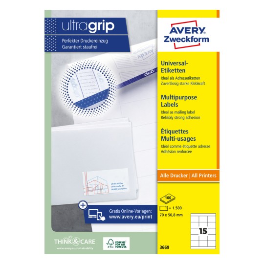 Pakningsbilde: Avery Zweckform Universal-Etiketter, permanent klebende, Artikkel: 3669, Format: 70 x 50,8 mm, Skriverkompatibilitet: Inkjet, Laser s/hv, Fargelaser, Innhold: 1.500 etiketter / 100 ark, 15 etiketter/ark.