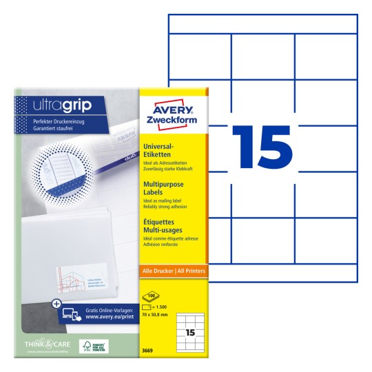 Pakningsbilde med etikettark: Avery Zweckform universaletiketter, artikkel: 3669, format: 70 x 50,8 mm, utskriftsegnet: Inkjet, laser s/hv, fargelaser, innhold: 1.500 etiketter / 100 ark, 15 etiketter/ark.