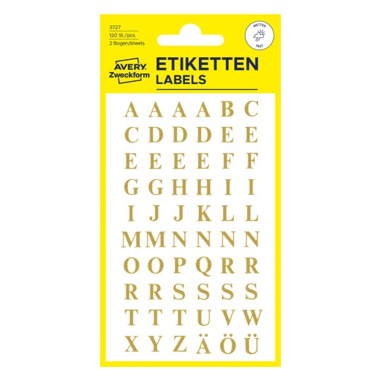 Pakningsbilde: Avery Zweckform bokstaver og tall, artikkel: 3727, format: 85 x 160 mm, innhold: 120 klistremerker / 2 ark, 60 klistremerker/ark.