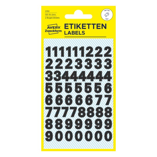 Pakningsbilde: Avery Zweckform bokstaver og tall, Artikkel: 3781, Format: 85 x 160 mm, Innhold: 120 klistremerker / 2 ark, 60 klistremerker/ark.