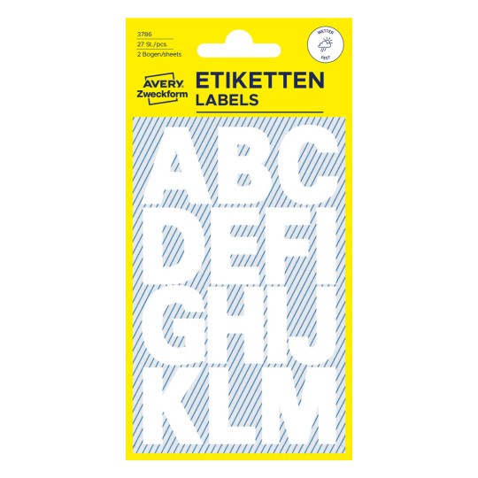 Pakningsbilde: Avery Zweckform Bokstaver og Tall, Artikkel: 3786, Format: 85 x 160 mm, Innhold: 28 klistremerker / 2 ark, 14 klistremerker/ark?