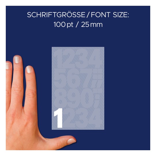 Størrelsessammenligning med hånd, artikkel: 3787, et ark tall-etiketter, format: 85 x 160 mm, farge: hvit?