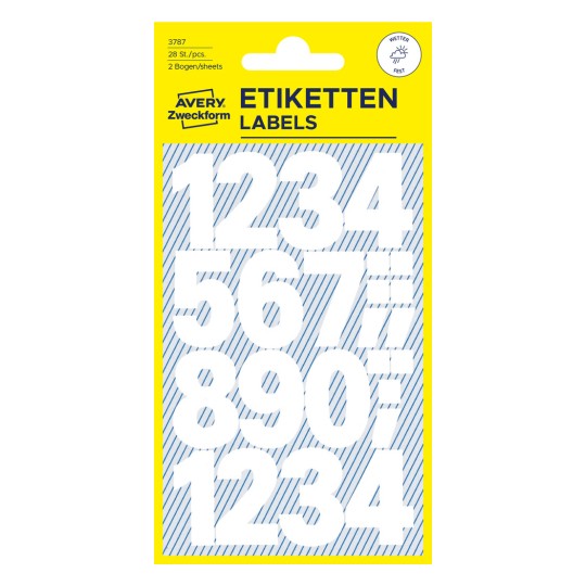 Pakkebilde: Avery Zweckform bokstaver og tall, Artikkel: 3787, Format: 85 x 160 mm, Innhold: 28 klistremerker / 2 ark, 14 klistremerker/ark.
