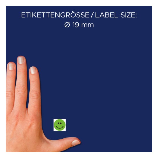 Størrelsessammenligning med hånd, artikkel: 3858, ett ark vurderingspunkter, format: ⌀ 19 mm, farge: grønn.
