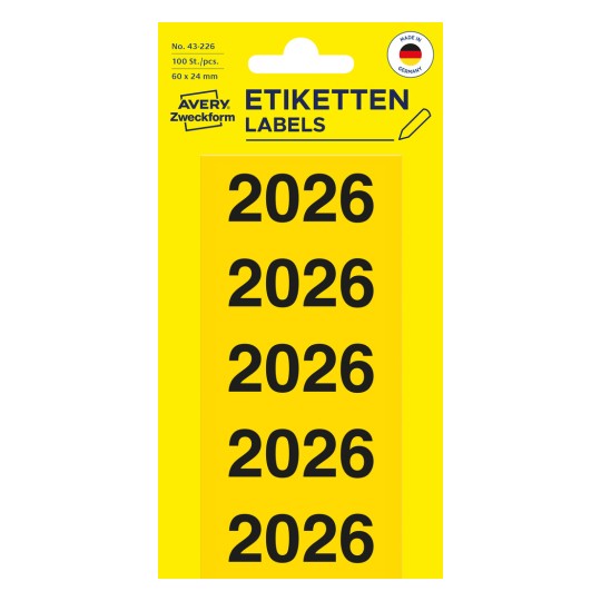 Pakningsbilde: Avery Zweckform permetiketter med årstall, Artikkel: 43-226, Format: 60 x 24 mm, Innhold: 100 etiketter / 20 ark, 5 etiketter/ark?