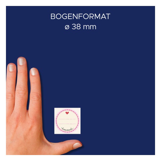 Størrelsessammenligning med hånd, artikkel: 4380, ett ark med rulle-etiketter, format: ⌀ 38 mm, farger: blå, rosa, lilla