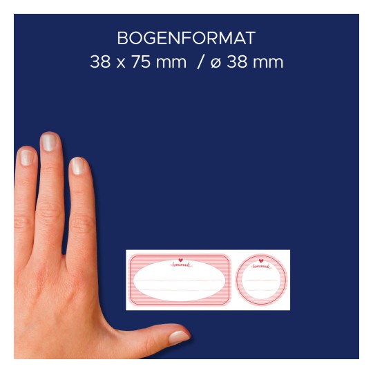 Størrelsessammenligning med hånd, artikkel: 4381, ett ark rulletiketter, format: ⌀ 38 mm, farge: Aprikos, Rosa, Oransje.