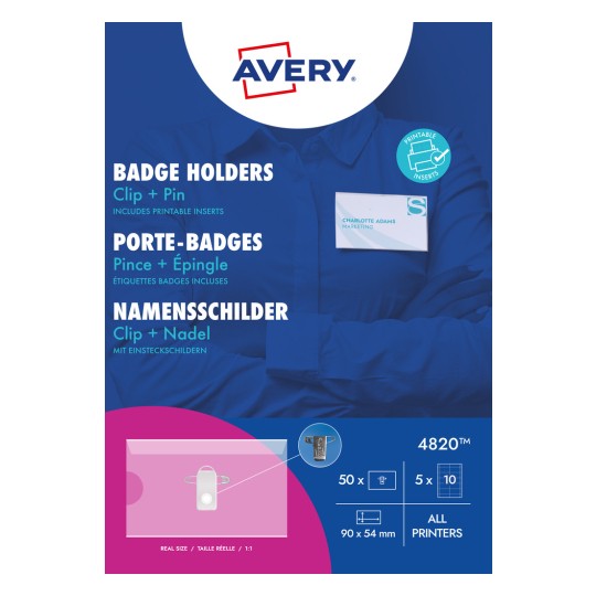 Pakningsbilde: Avery Zweckform, Artikkel: 4820, Format: 90 x 54 mm, Skriverkompatibilitet: Inkjet, fargelaser, svart-hvitt laser, kopimaskin, Innhold: 50 navneskilt / 50 innstikkskilt / 5 ark, /ark?