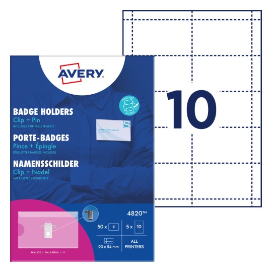 Pakningsbilde med ark: Avery Zweckform navneskilt med kombiklemme, Artikkel: 4820, Format: 90 x 54 mm, Utskriftskompatibilitet: Inkjet, Fargelaser, Svart/hvitt laser, Kopimaskiner, Innhold: 50 navneskilt / 50 innstikkort / 5 ark.