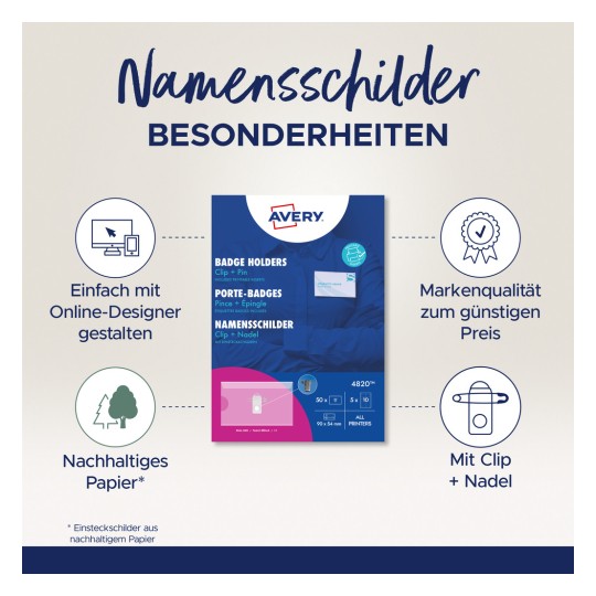 Bildet viser et produktdisplay for Avery navneskilt, med vekt på deres brukervennlige design, bærekraftige materialer og kvalitet. Det fremhever kortholdere med klips- og nålealternativer.