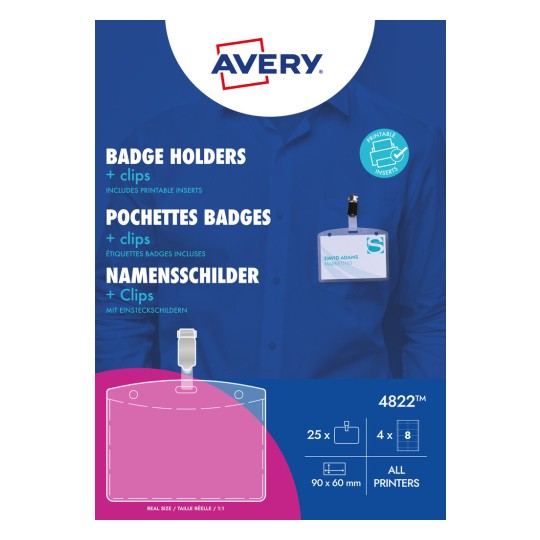 Pakningsbilde: Avery Zweckform, Artikkel: 4822, Format: 90 x 60 mm, Skriveegnethet: Inkjet, fargelaser, svart/hvitt laser, kopimaskiner, Innhold: 25 navneskilt / 32 innstikksskilt / 4 ark, /ark?