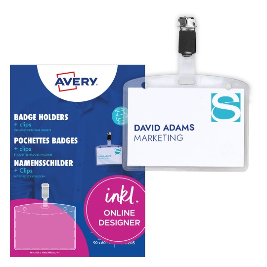 Pakningsbilde med kortark: Avery Zweckform navneskilt med klips, artikkel: 4822, format: 90 x 60 mm, utskriftskompatibilitet: Inkjet, fargelaser, svart-hvitt-laser, kopimaskin, innhold: 25 navneskilt / 32 innstikkskilt / 4 ark.