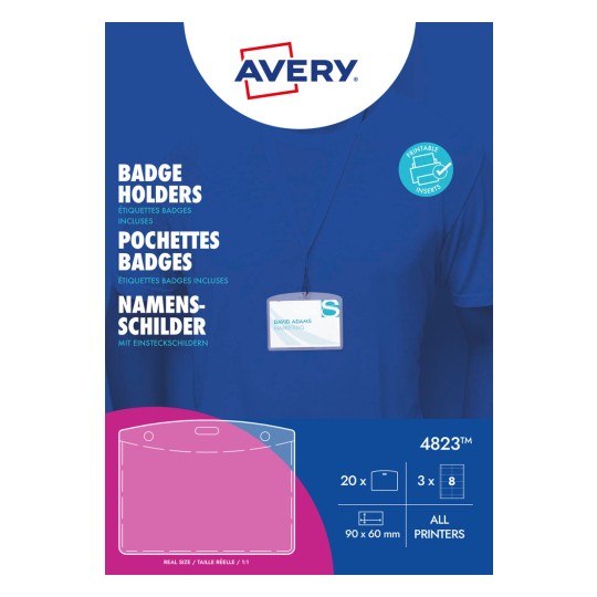 Bildet viser en kortholder fra Avery, med produktegenskaper som "Kortholdere", dimensjoner, og et eksempel på en navnelapp. Den er designet for alle skrivere.