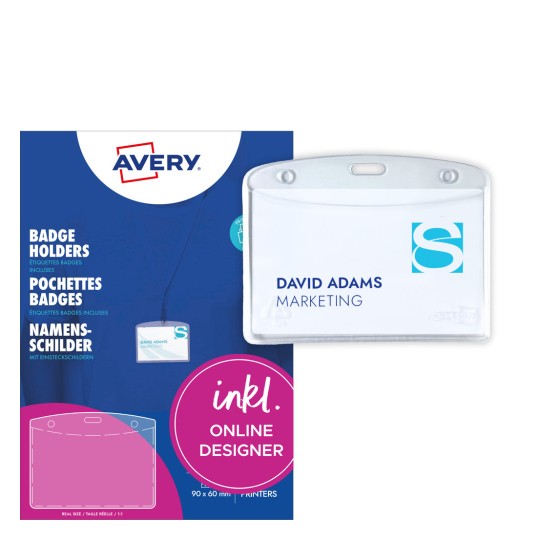 Bildet viser kortholdere med informasjon om "David Adams" innen markedsføring, sammen med en bakgrunn for Averys produktlinje.