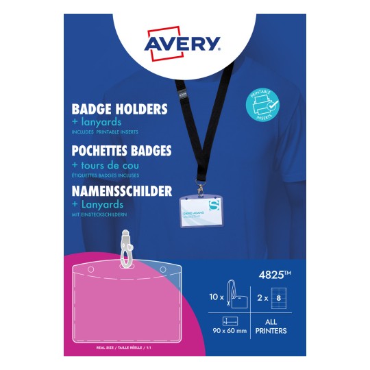 Pakningsbilde: Avery Zweckform, Artikkel: 4825, Format: 90 x 60 mm, Skriverkompatibilitet: Inkjet, Fargelaser, Laser s/h, Kopimaskin, Innhold: 10 navneskilt / 16 innsatskort / 2 ark.