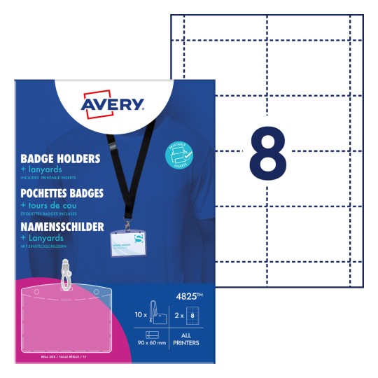 Pakkeillustrasjon med ark: Avery Zweckform navneskiltlommer med lanyard, Artikkel: 4825, Format: 90 x 60 mm, Egnethet for utskrift: Inkjet, fargelaser, s/h-laser, kopimaskin, Innhold: 10 navneskilt / 16 innstikkskort / 2 ark, /ark?