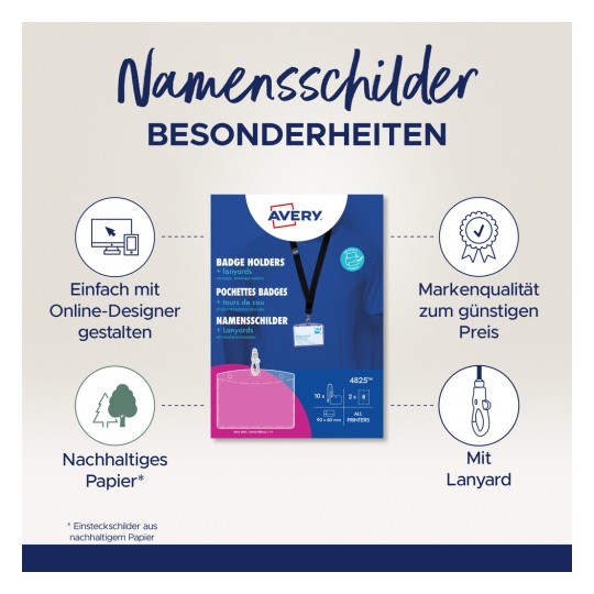 Bildet viser en produktannonse for Avery navneskiltsholdere og nøkkelbånd. Den inkluderer detaljer om designalternativer på nettet, bærekraftige materialer og kvalitet til en lav pris, med tekst på tysk.