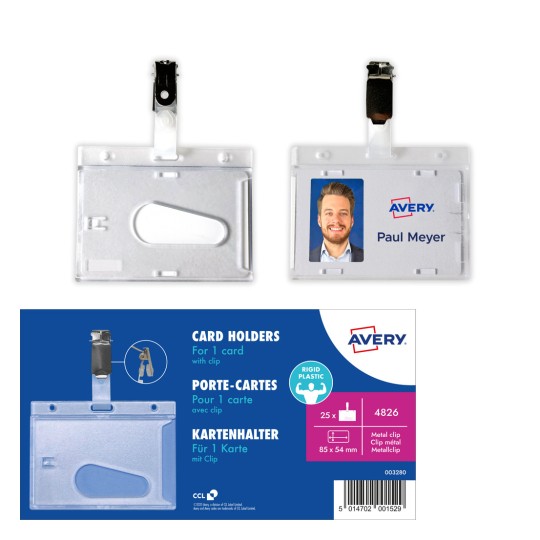 Bildet viser en klar plastkortholder med en klips og et prøvekort som viser en persons bilde og navn. Pakkeinformasjonen og funksjonene for Avery kortholdere er også synlige.