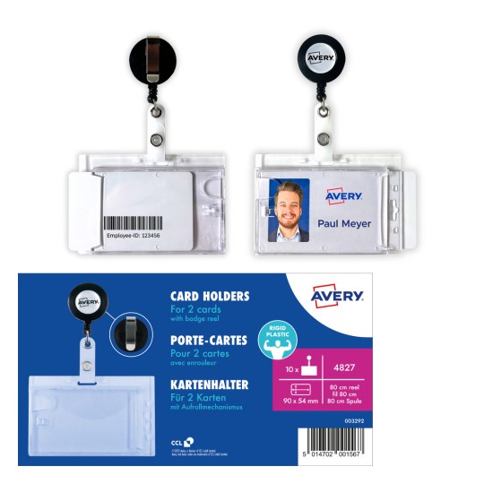 Bildet viser Avery kortholdere for to kort med et uttrekkbart nøkkelbånd. En holder viser et navn, Paul Meyer, med et bilde, mens den andre har en strekkode og en ansatt-ID.