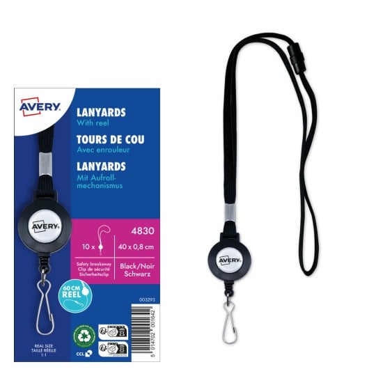 Bildet viser en emballasje for Avery lanyards med en snelle, inkludert en lanyard, sikkerhetsbruddklemme, og detaljer på engelsk og fransk.