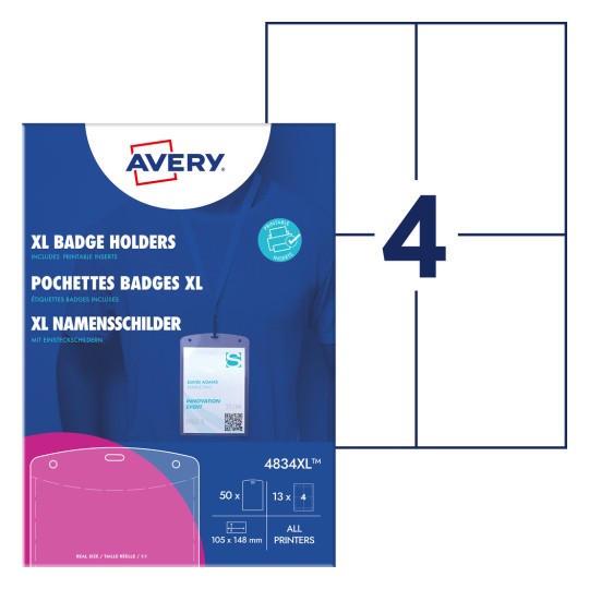 Pakningsbilde med ark: Avery Zweckform navneskiltlommer store, Artikkel: 4834XL, Format: 105 x 148 mm, Utskriftskompatibilitet: Laser s/hv, fargelaser, blekkskriver, laser, Innhold: 50 navneskilt / 52 innleggskilt / 13 ark. /ark?