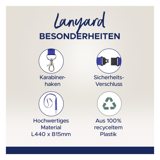 Bildet viser egenskapene til en nøkkelbånd, inkludert en karabinkrok, sikkerhetslås, høy kvalitets materialdimensjoner L440 x B15mm, og at den er laget av 100% resirkulert plast.