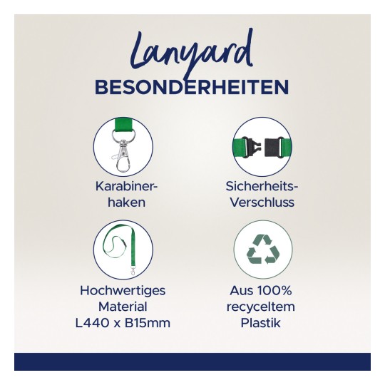 Bildet viser egenskaper ved en nøkkelbånd, inkludert en karabinkrok, sikkerhetslås, materialdimensjoner av høy kvalitet, og gjenvinningsinformasjon som indikerer at den er laget av 100 % resirkulert plast.