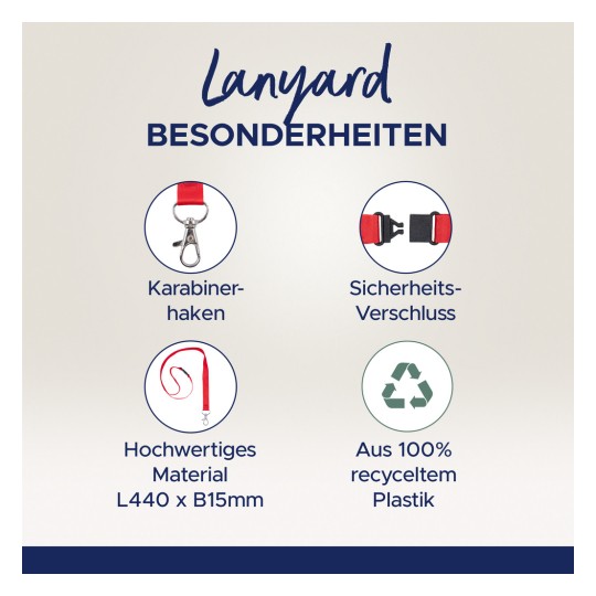Bildet viser egenskaper ved en nøkkelbånd, inkludert en karabinkrok, sikkerhetslås, høykvalitetsmateriale med dimensjoner, og laget av 100 % resirkulert plast.