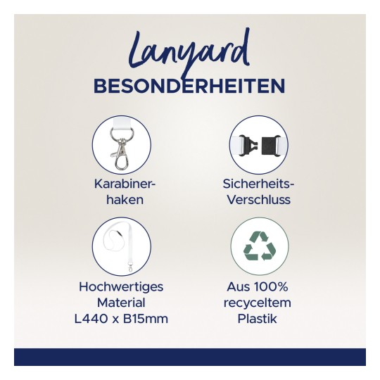 Bildet viser en nøkkelbånd med vektlegging på dens egenskaper: karabinkrok, sikkerhetslås, høykvalitetsmateriale (L440 x B15 mm), og laget av 100% resirkulert plast.