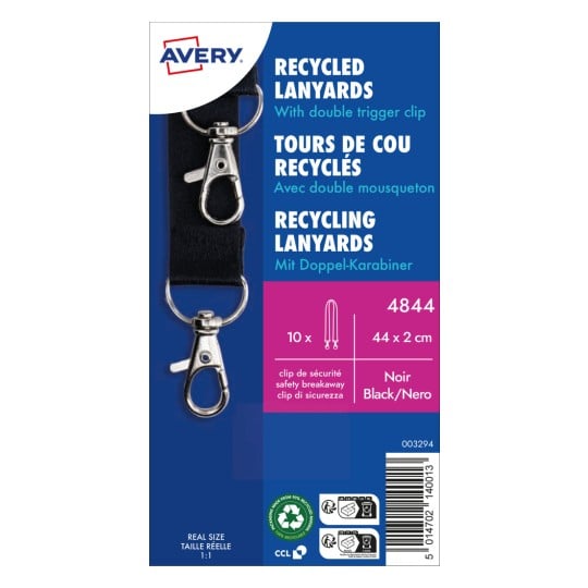 Bildet viser en emballasje for resirkulerte nøkkelbånd fra Avery. Den inkluderer detaljer som størrelse, farge (svart), og funksjoner som en dobbel krok?