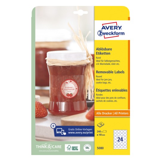 Forpakningsbilde: Avery Zweckform Runde Etiketter, Artikkel: 5080, Format: ⌀ 40 mm, Skriverkompatibilitet: Inkjet, Laser s/hv, Fargelaser, Innhold: 240 etiketter / 10 ark, 24 etiketter/ark