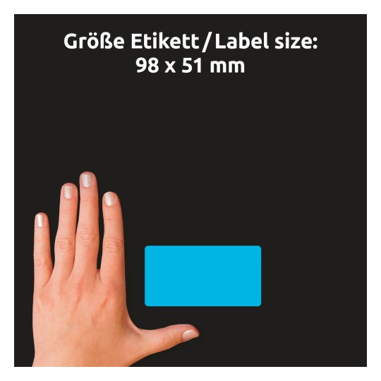 Størrelsessammenligning med hånd, artikkel: 51046, ett ark fargede etiketter, format: 98 x 51 mm, farge: blå, gul, neongrønn, neonoransje, neonrød.