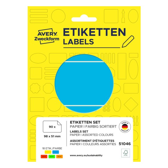 Pakningsbilde: Avery Zweckform Non A4 Universaletiketter for håndskrift, Artikkel: 51046, Format: 98 x 51 mm, Innhold: 90 etiketter / 30 ark, 3 etiketter/ark