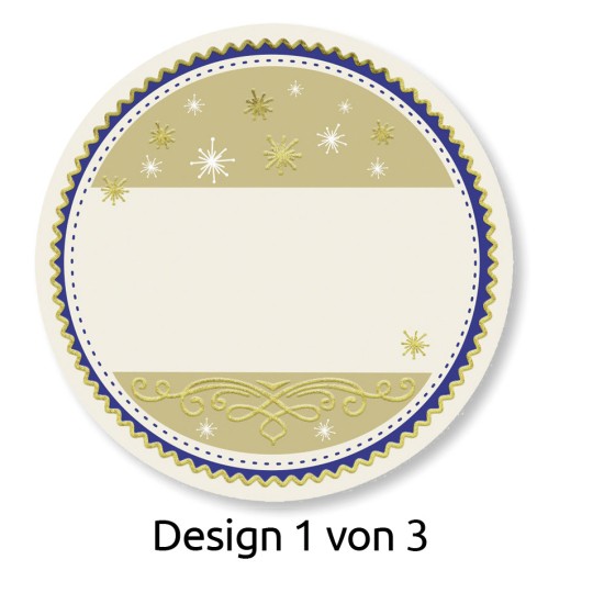Bildet har et sirkulært design med en grønn og blå fargeskjema. Det inneholder dekorative elementer som snøfnugg og utsmykkede linjer, med et tomt område i midten for tilpasning. Teksten nederst sier 'Design 1 av 3'.