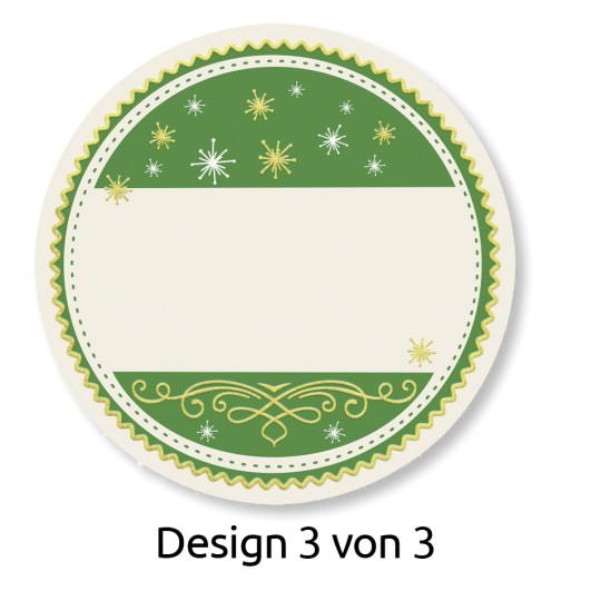Bildet viser et rundt etikett-design med en grønn og kremfarget fargeskala. Det har dekorative elementer som stjerner og virvler, og har et tomt område i midten for skriving. Etiketten er merket 'Design 3 von 3'.