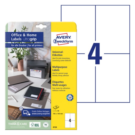 Forpakningsbilde med etikettark: Avery Zweckform etiketter, hjemmekontor, liten pakke, artikkel: 6124, format: 105 x 148 mm, egnet for utskrift: Inkjet, svart/hvitt laser, fargelaser, innhold: 40 etiketter / 10 ark, 4 etiketter/ark.