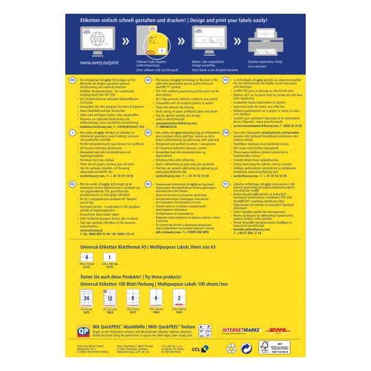 Bildet er en informasjonsgrafikk om etikettskrivingsprodukter fra Avery, med instruksjoner på ulike språk, produktspecifikasjoner og designtips for å skrive ut etiketter effektivt.