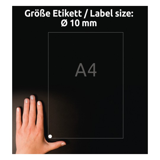 Størrelsessammenligning med hånd, artikkel: 6221-10, ett ark med runde etiketter, format: ⌀ 10 mm, farge: hvit?