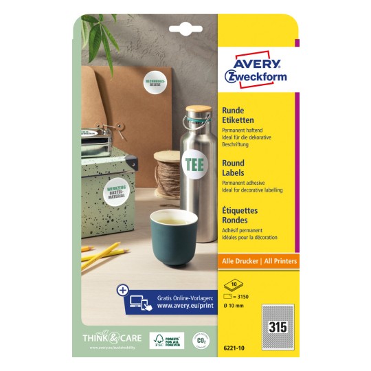 Pakningsbilde: Avery Zweckform Runde Etiketten, Artikkel: 6221-10, Format: ⌀ 10 mm, Skriverkompatibilitet: Inkjet, svart/hvitt laser, fargelaser, Innhold: 3.150 etiketter / 10 ark, 315 etiketter/ark.