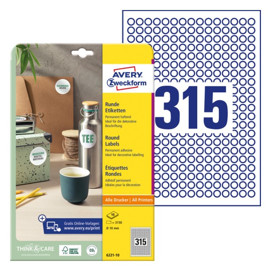 Pakningsbilde med etikettsark: Avery Zweckform Runde Etiketten, Artikkel: 6221-10, Format: ⌀ 10 mm, Trykkegnethet: Inkjet, Laser s/hv, Fargelaser, Innhold: 3.150 etiketter / 10 ark, 315 etiketter/ark.