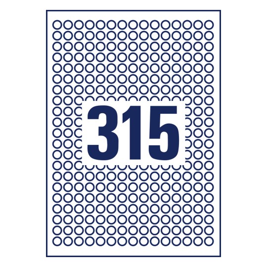 Stansetegning enkeltark A4, Artikkel: 6221REV-10, Runde etiketter, avtakbare, Format: ⌀ 10 mm, 315 etiketter/ark?