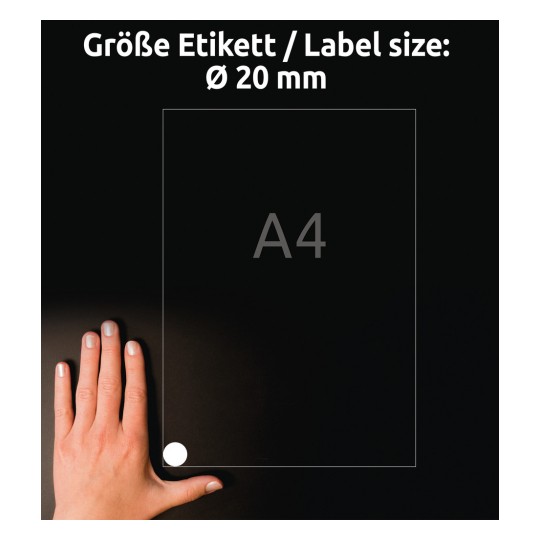 Størrelsessammenligning med hånd, Artikkel: 6222-10, et ark runde etiketter, Format: ⌀ 20 mm, Farge: Hvit.