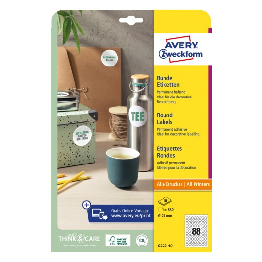 Pakningsbilde: Avery Zweckform Runde Etiketter, Artikkel: 6222-10, Format: ⌀ 20 mm, Skriveregenskaper: Inkjet, Laser s/hv, Fargelaser, Innhold: 880 etiketter / 10 ark, 88 etiketter/ark