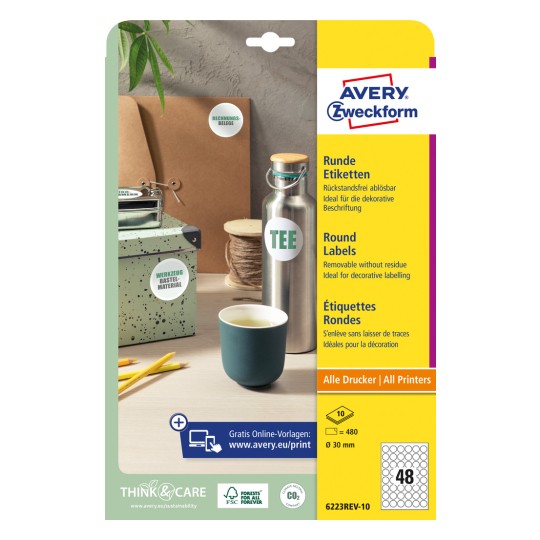 Pakningsbilde: Avery Zweckform Runde Etiketten, Artikkel: 6223REV-10, Format: ⌀ 30 mm, Skriverkompatibilitet: Inkjet, Laser s/h, fargelaser, Innhold: 480 etiketter / 10 ark, 48 etiketter/ark.