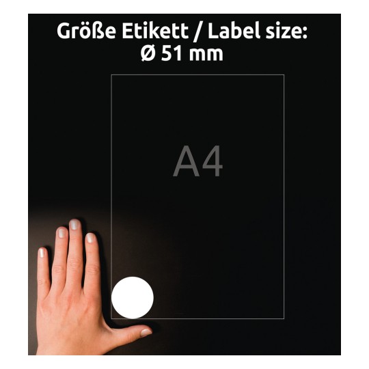 Størrelsesammenligning med hånd, artikkel: 6225-10, ett ark runde etiketter, format: ⌀ 51 mm, farge: Hvit?