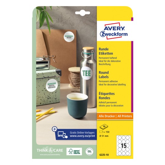 Pakningsbilde: Avery Zweckform Runde Etiketten, Artikkel: 6225-10, Format: ⌀ 51 mm, Skriveregnskap: Inkjet, laserskriver s/hv, fargelaser, Innhold: 150 etiketter / 10 ark, 15 etiketter/ark.