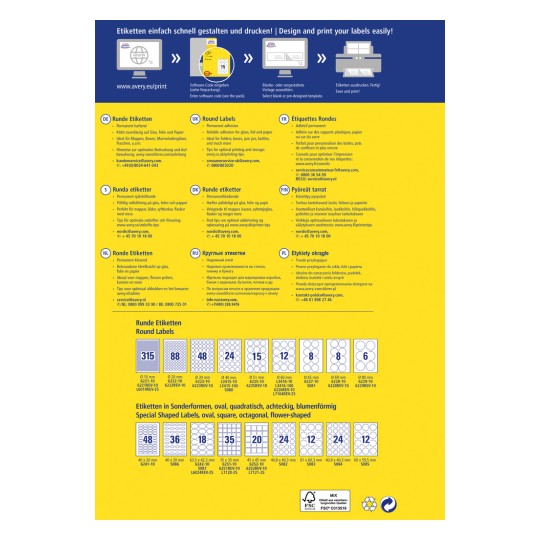 Bildet viser en guide for design og utskrift av ulike etiketter, inkludert runde etiketter og spesialformer, med instruksjoner på flere språk sammen med kontaktinformasjon og produkttemplater.