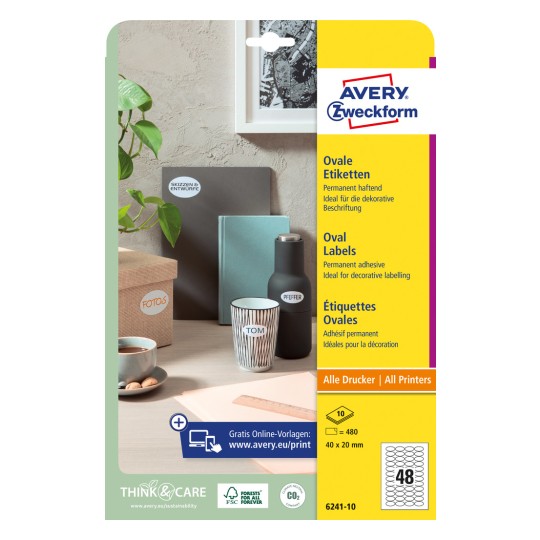 Pakningsbilde: Avery Zweckform Ovale Etiketter, Artikkel: 6241-10, Format: 40 x 20 mm, Skriverkompatibilitet: Inkjet, Laser svart/hvitt, Fargelaser, Innhold: 480 etiketter / 10 ark, 48 etiketter/ark.